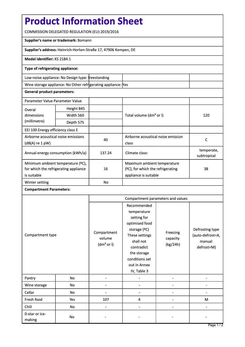 Page 1 de la notice Fiche technique Bomann KS 2184.1
