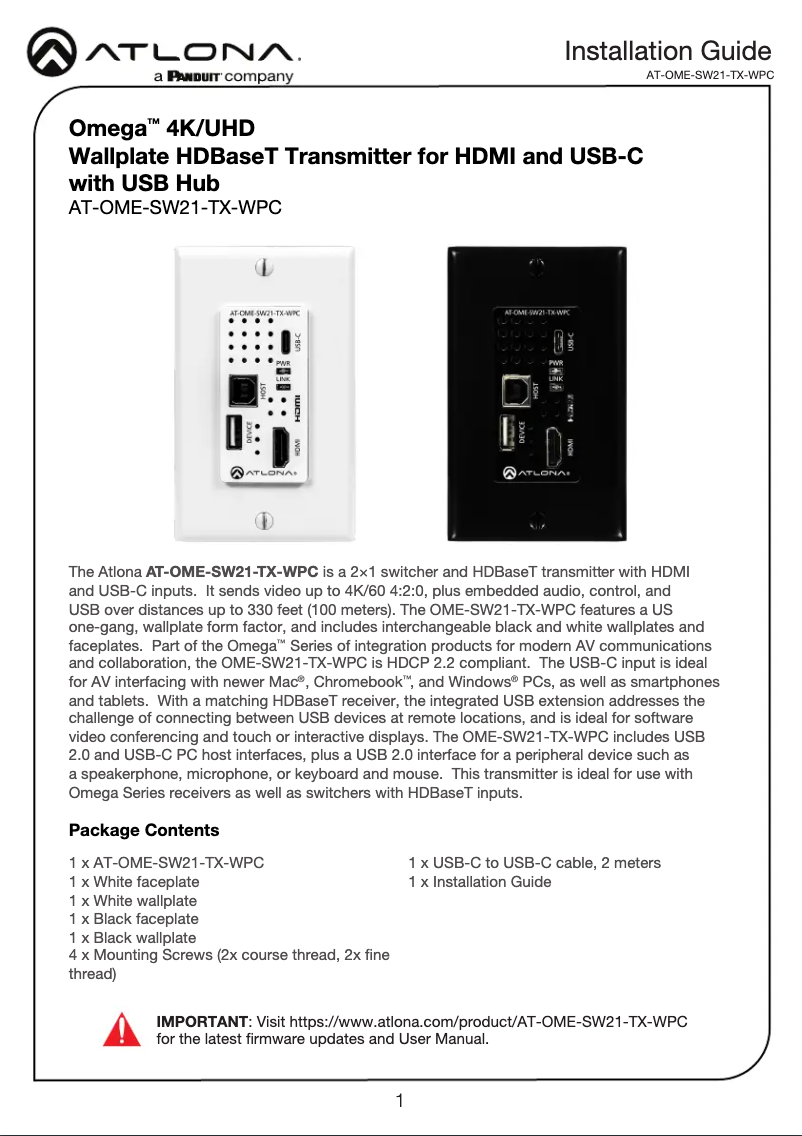 Page 1 de la notice Guide d'installation Atlona AT-OME-SW21-TX-WPC