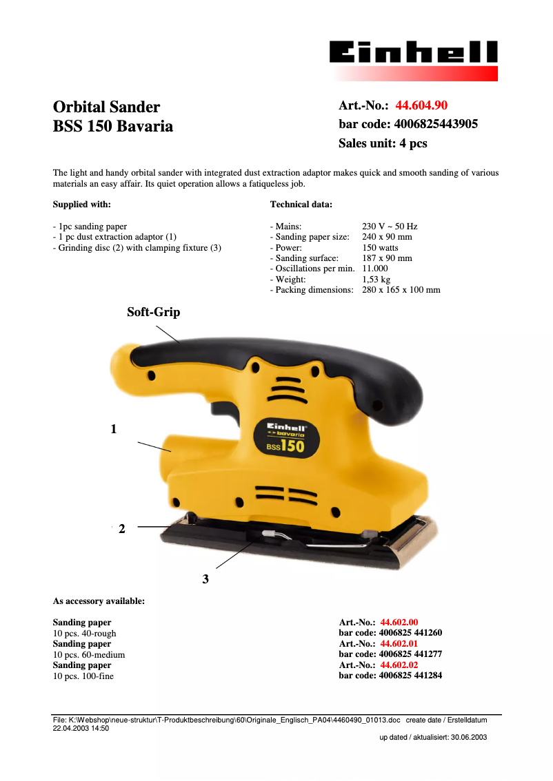 Page 1 de la notice Manuel utilisateur Bavaria by Einhell Bavaria BSS 150