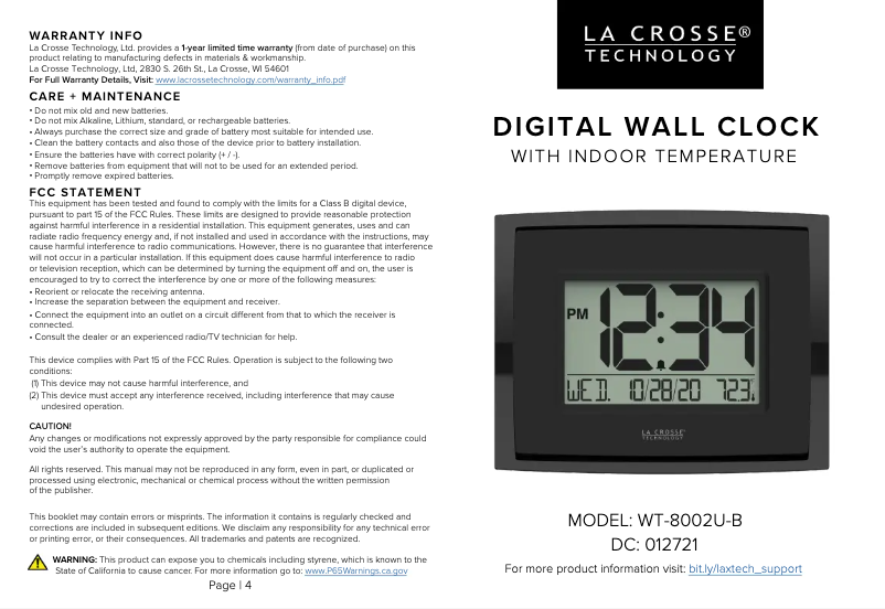 Page n°1 - Manuel utilisateur La Crosse Technology WT-8002UV2-B