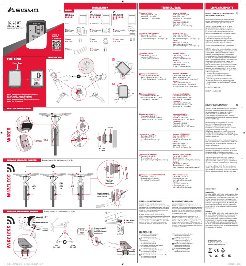 Page n°1 - Manuel utilisateur Sigma BC 14.0 WR