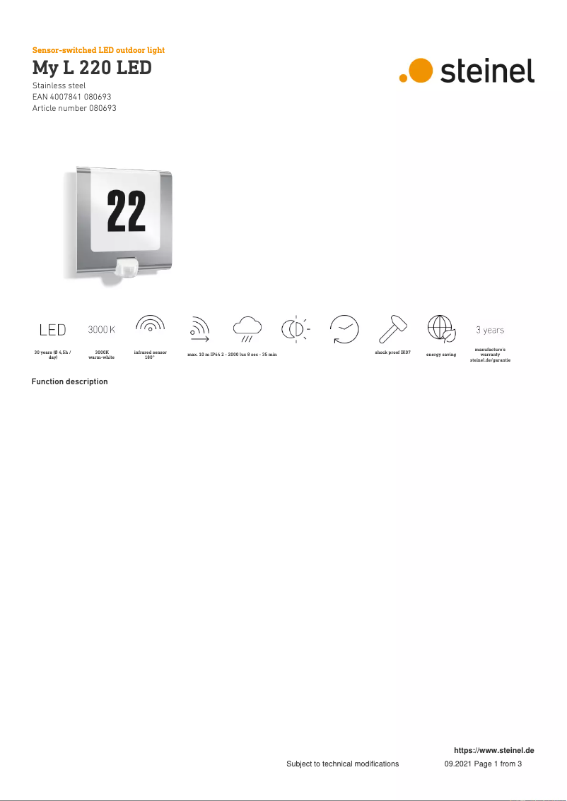 Page n°1 - Fiche technique Steinel My L 220 LED