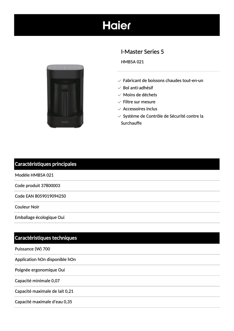 Page 1 de la notice Fiche technique Haier HMB5A 021