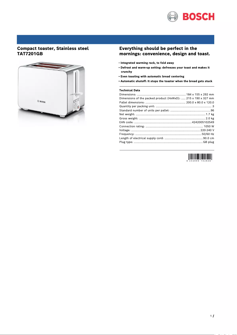 Page 1 de la notice Fiche technique Bosch TAT7201GB