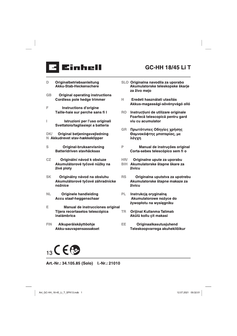 Page 1 de la notice Manuel utilisateur Einhell GC-HH 18/45 Li T-Solo