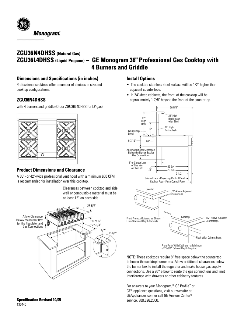 Page 1 de la notice Fiche technique GE ZGU36N4DHSS