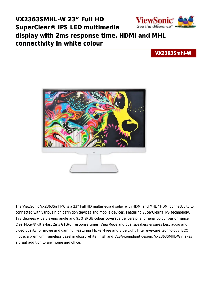 Page 1 de la notice Fiche technique Viewsonic VX2363SMHL