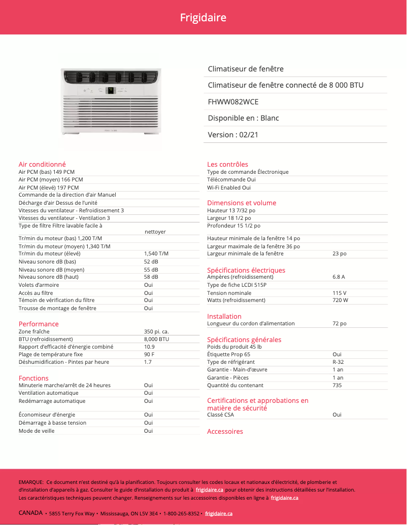 Página 1 del manual Ficha técnica Frigidaire FHWW082WCE