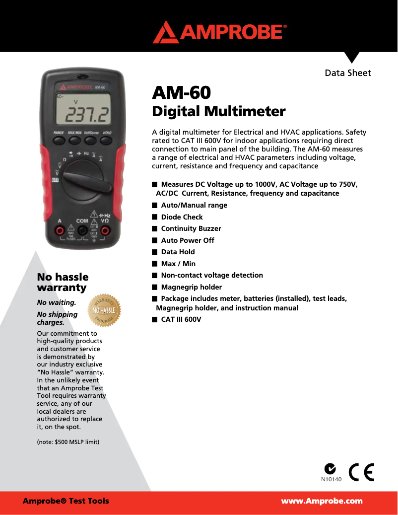 Page 1 de la notice Fiche technique Amprobe AM-60