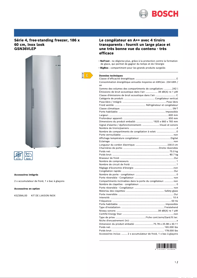 Page 1 de la notice Fiche technique Bosch GSN36VLEP
