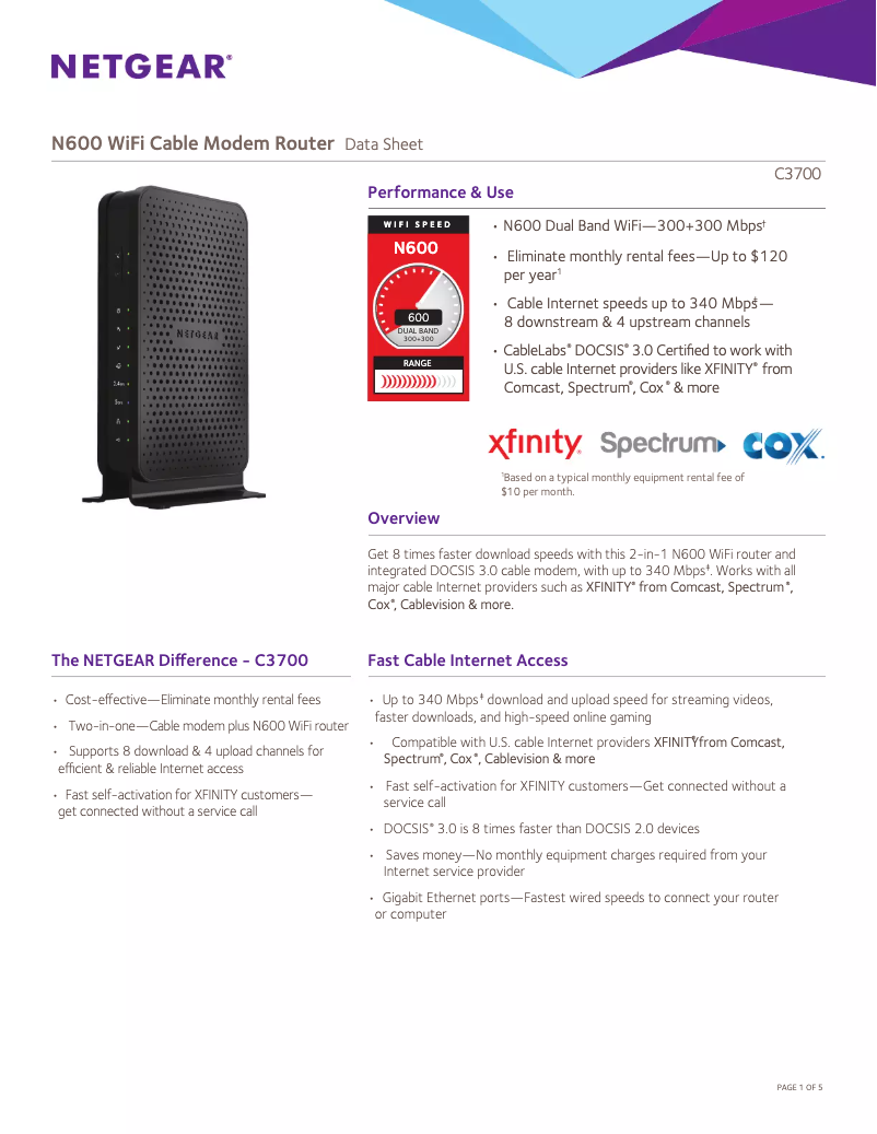 Page 1 de la notice Fiche technique Netgear C3700