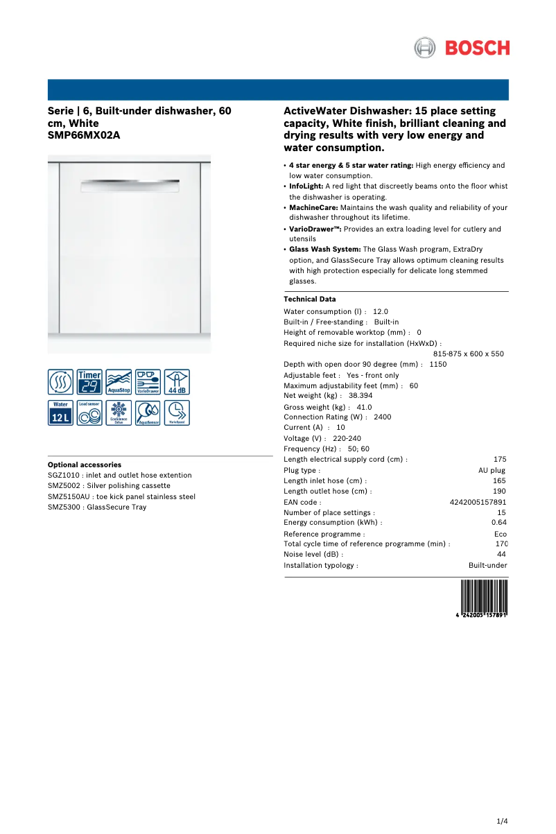 Page n°1 - Fiche technique Bosch SMP66MX02A