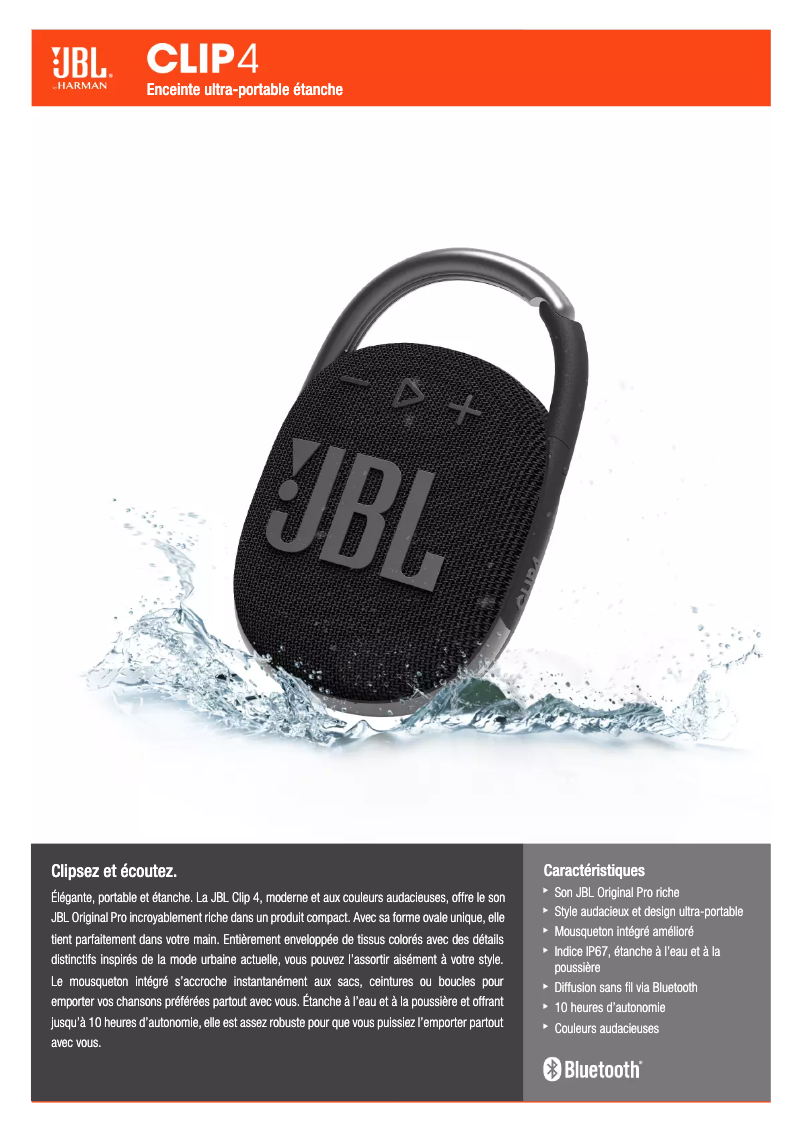 Page 1 de la notice Fiche technique JBL Clip 4