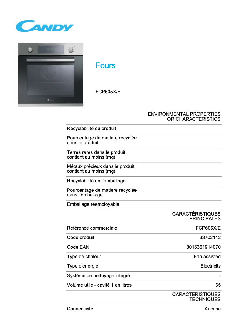 Page n°1 - Fiche technique Candy Pop Evo FCP605X/E