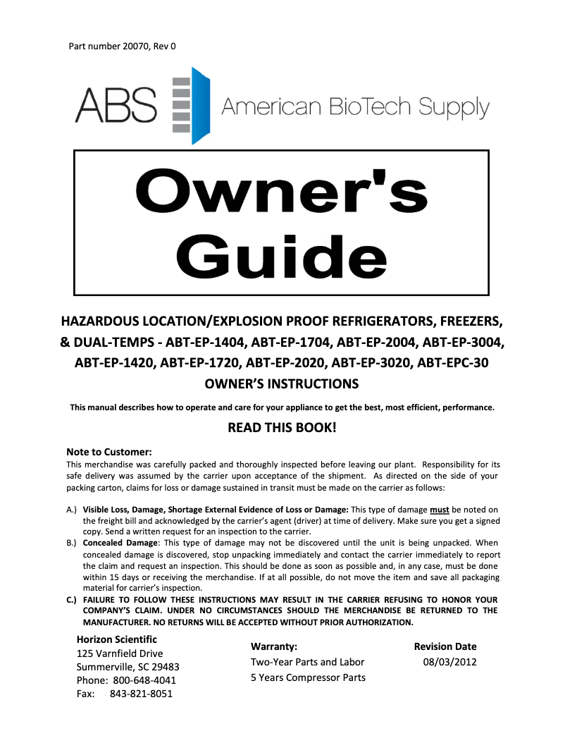 Page 1 de la notice Manuel utilisateur American BioTech Supply ABT-EFS-20