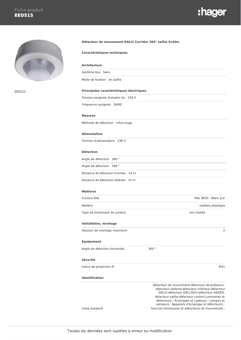 Page 1 de la notice Fiche technique Hager EED515