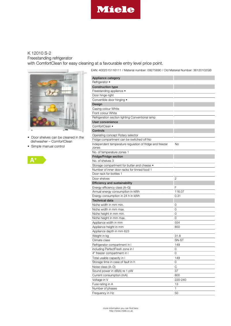 Page 1 de la notice Fiche technique Miele K12010 S-2