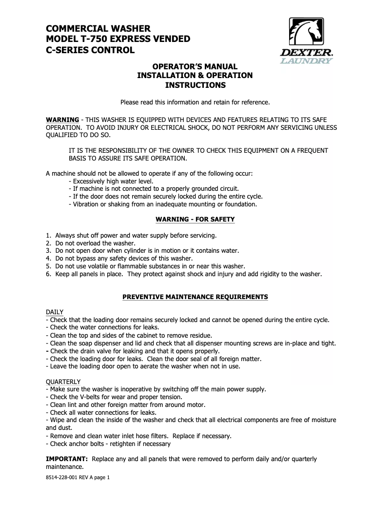 Page 1 de la notice Manuel utilisateur Dexter T-750 Express