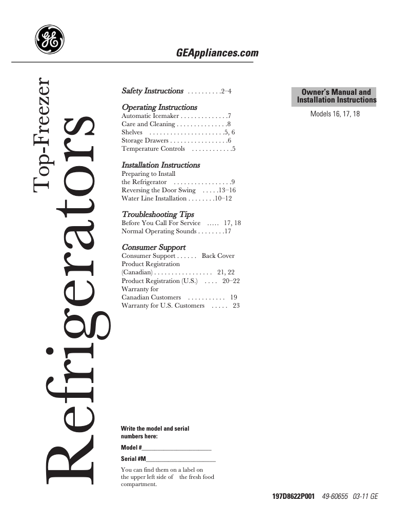 Page n°1 - Guide d'installation GE GTH18ECCBB