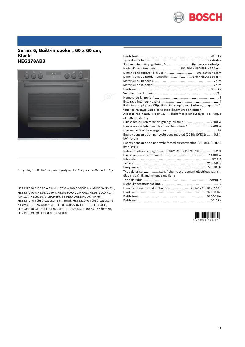 Page 1 de la notice Fiche technique Bosch HEG278AB3