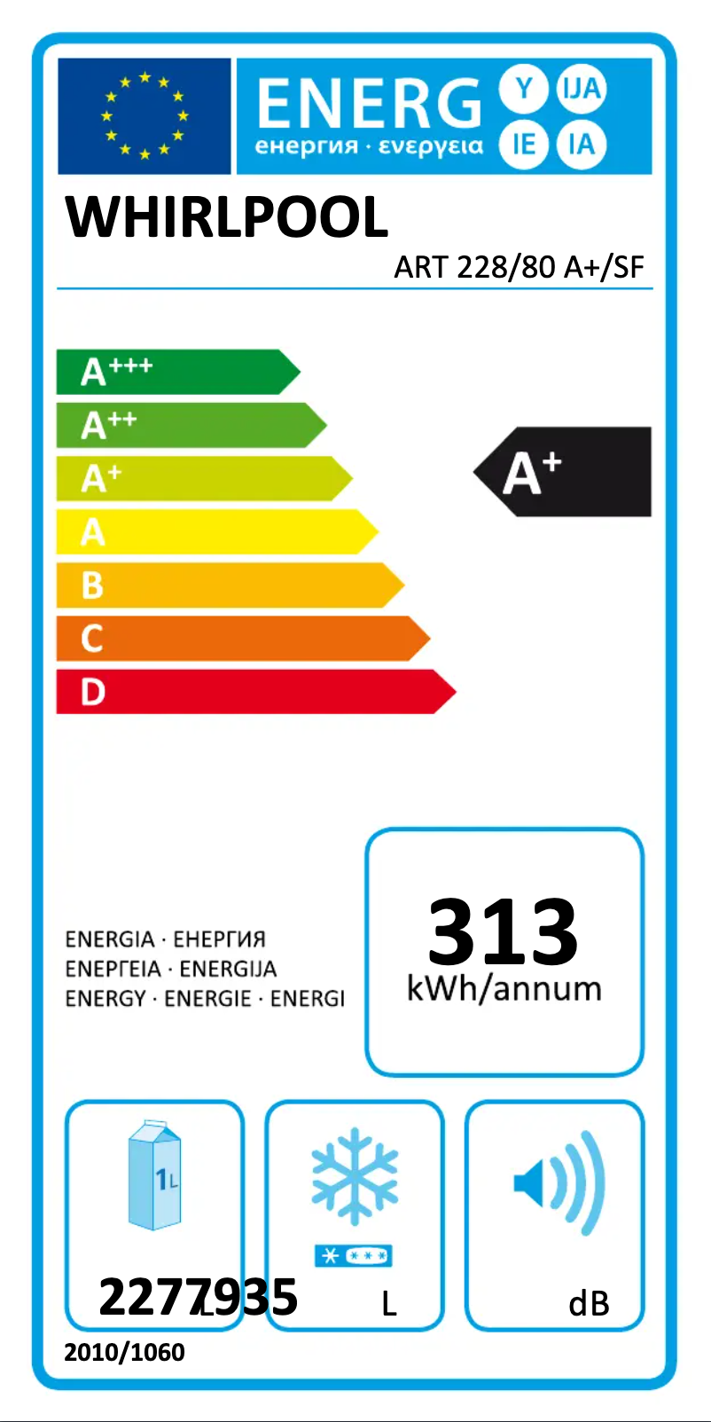 Page n°1 - Label énergétique Whirlpool ART 228/80 A+/SF