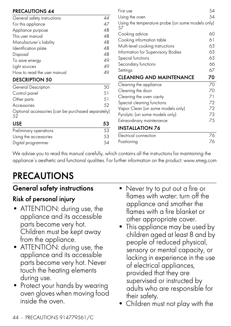 Page 1 de la notice Fiche technique Smeg SO6102TS