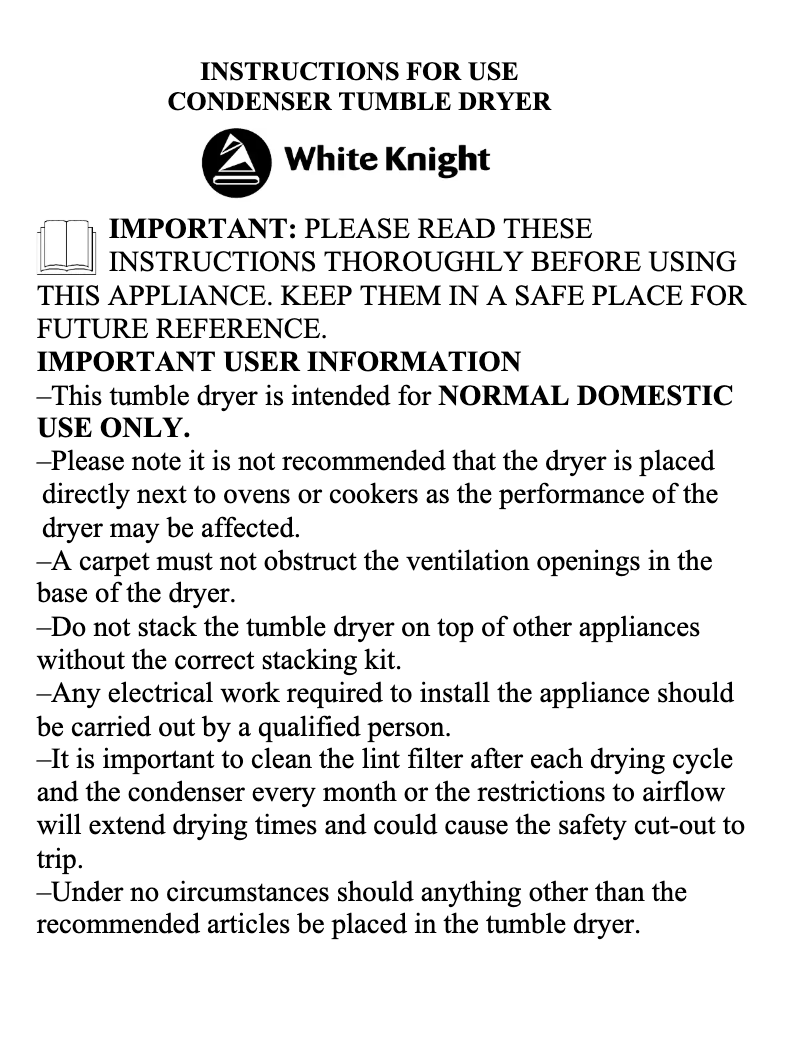 Page 1 de la notice Manuel utilisateur White Knight C77AW