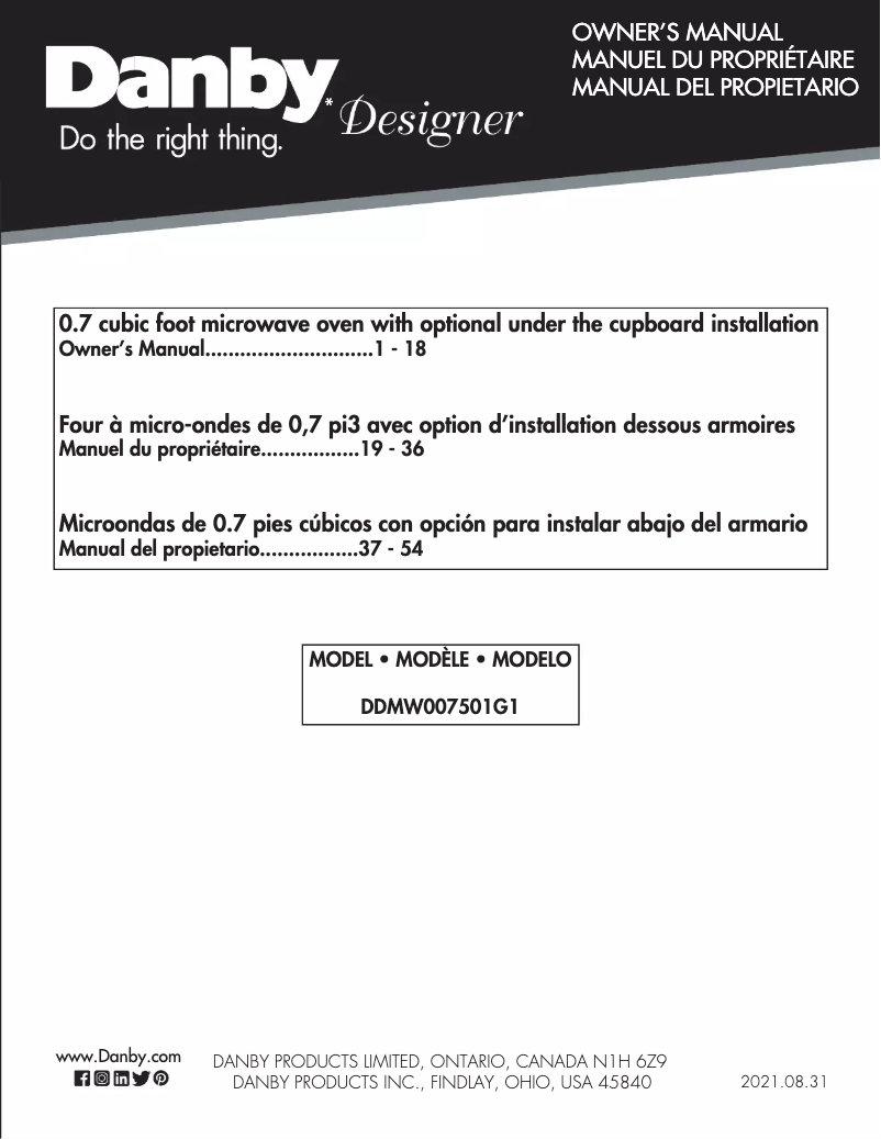 Page 1 de la notice Manuel utilisateur Danby DDMW007501G1
