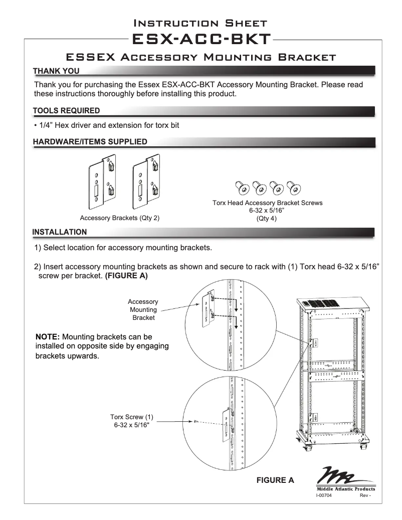 Page 1 de la notice Manuel utilisateur Middle Atlantic ESX-ACC-BKT