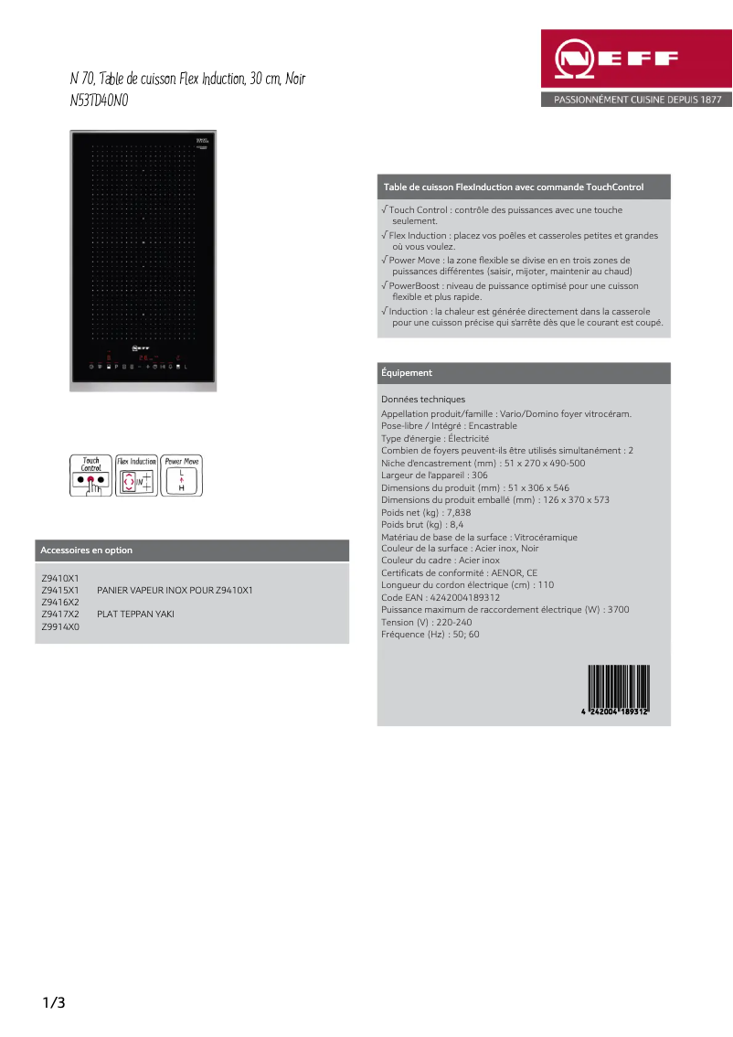 Page n°1 - Fiche technique Neff N53TD40N0