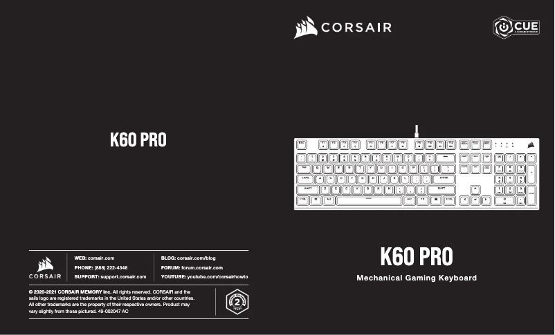 Page 1 de la notice Guide de démarrage rapide Corsair K60 PRO