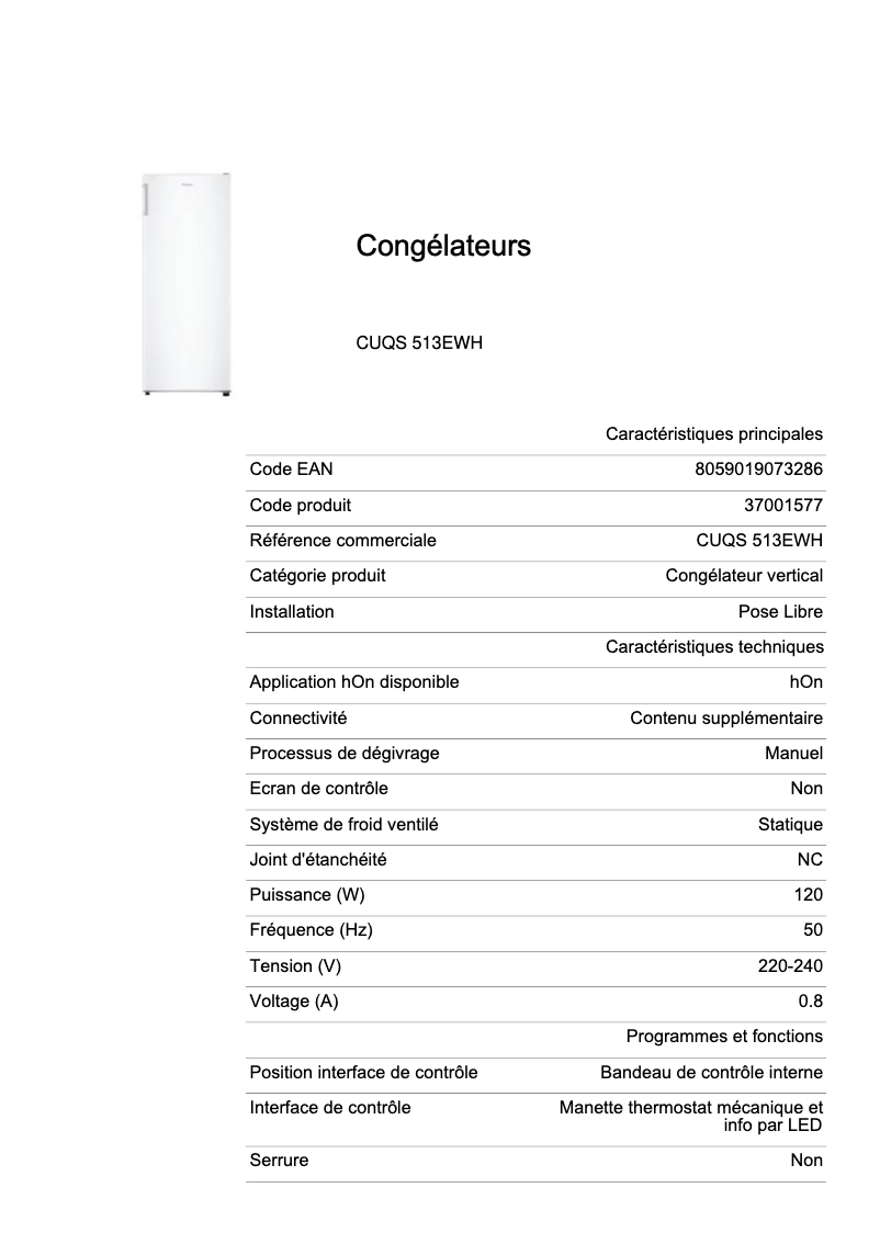 Page 1 de la notice Fiche technique Candy CUQS 513EWH