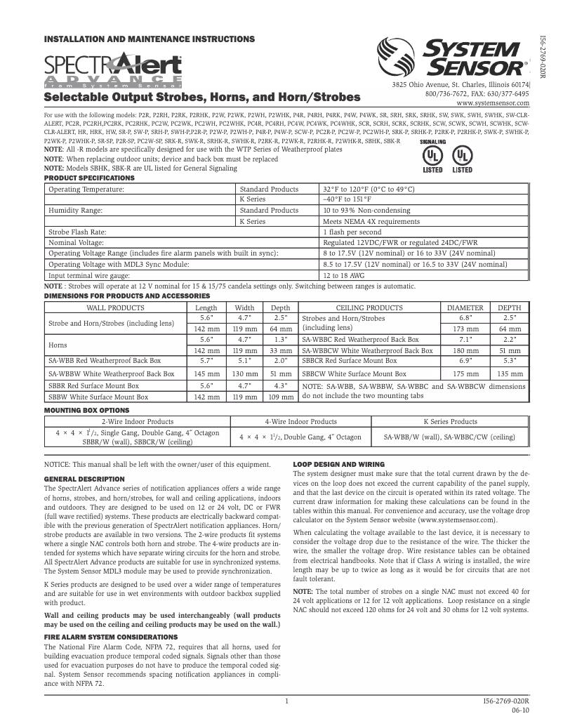 Page 1 de la notice Manuel utilisateur System Sensor P2R-SP