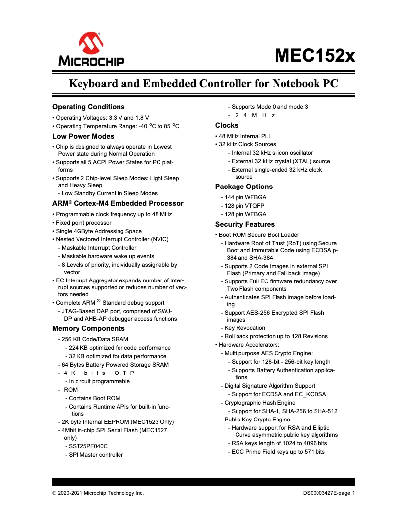 Page 1 de la notice Fiche technique Microchip MEC1523