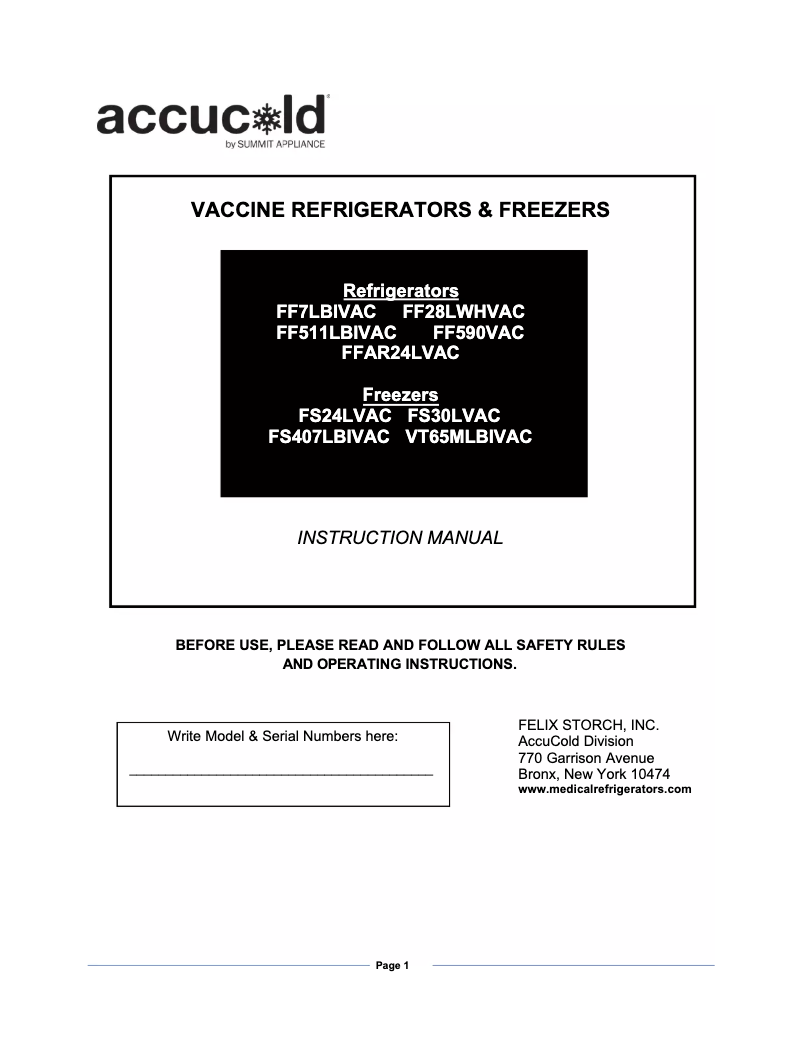 Image de la première page du manuel de l'appareil Accucold VT65MLBIVAC