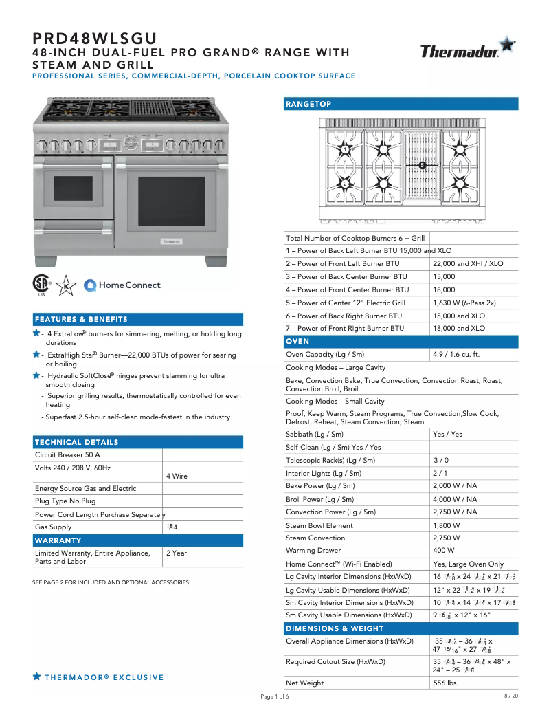 Page 1 de la notice Fiche technique Thermador PRD48WLSGU