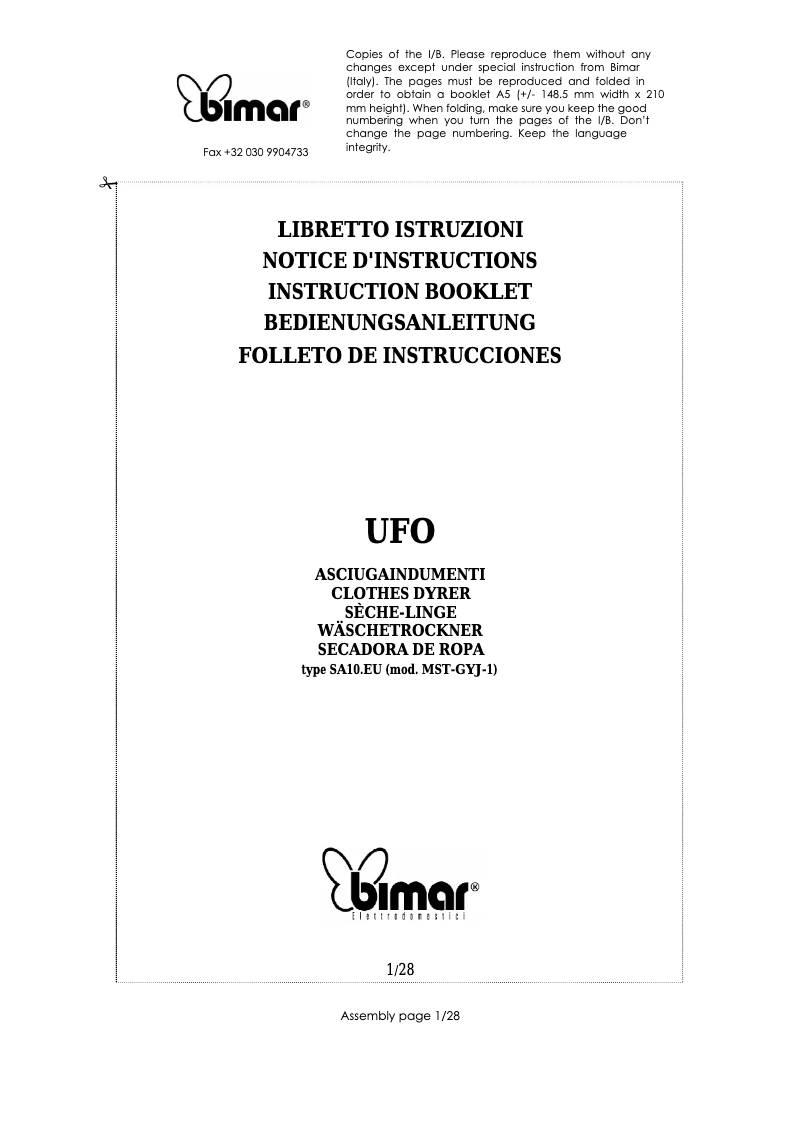 Page n°1 - Manuel utilisateur Bimar SA10.EU