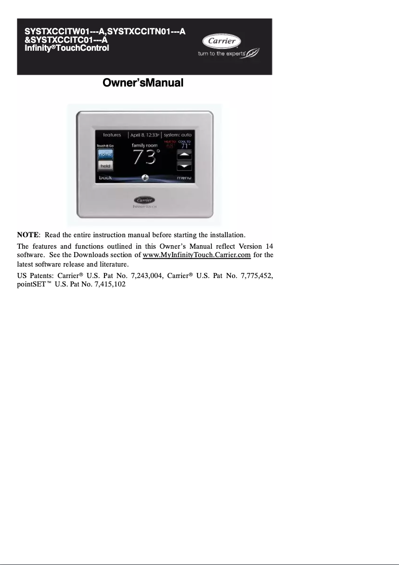 Page n°1 - Manuel utilisateur Carrier Infinity Touch SYSTXCCITN01-A