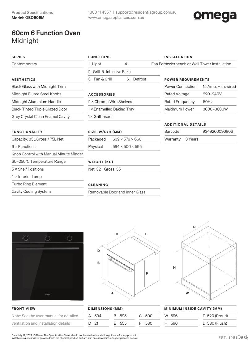 Page 1 de la notice Fiche technique Omega OBO606M