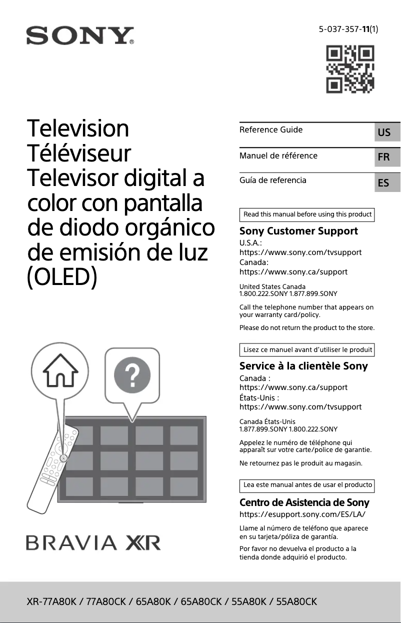 Page 1 de la notice Manuel utilisateur Sony Bravia XR-77A80CK