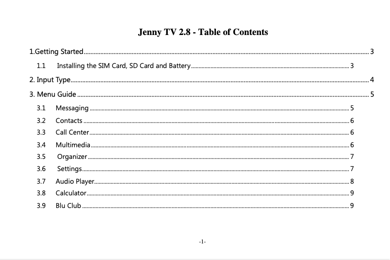Page 1 de la notice Manuel utilisateur BLU Jenny TV 2.8