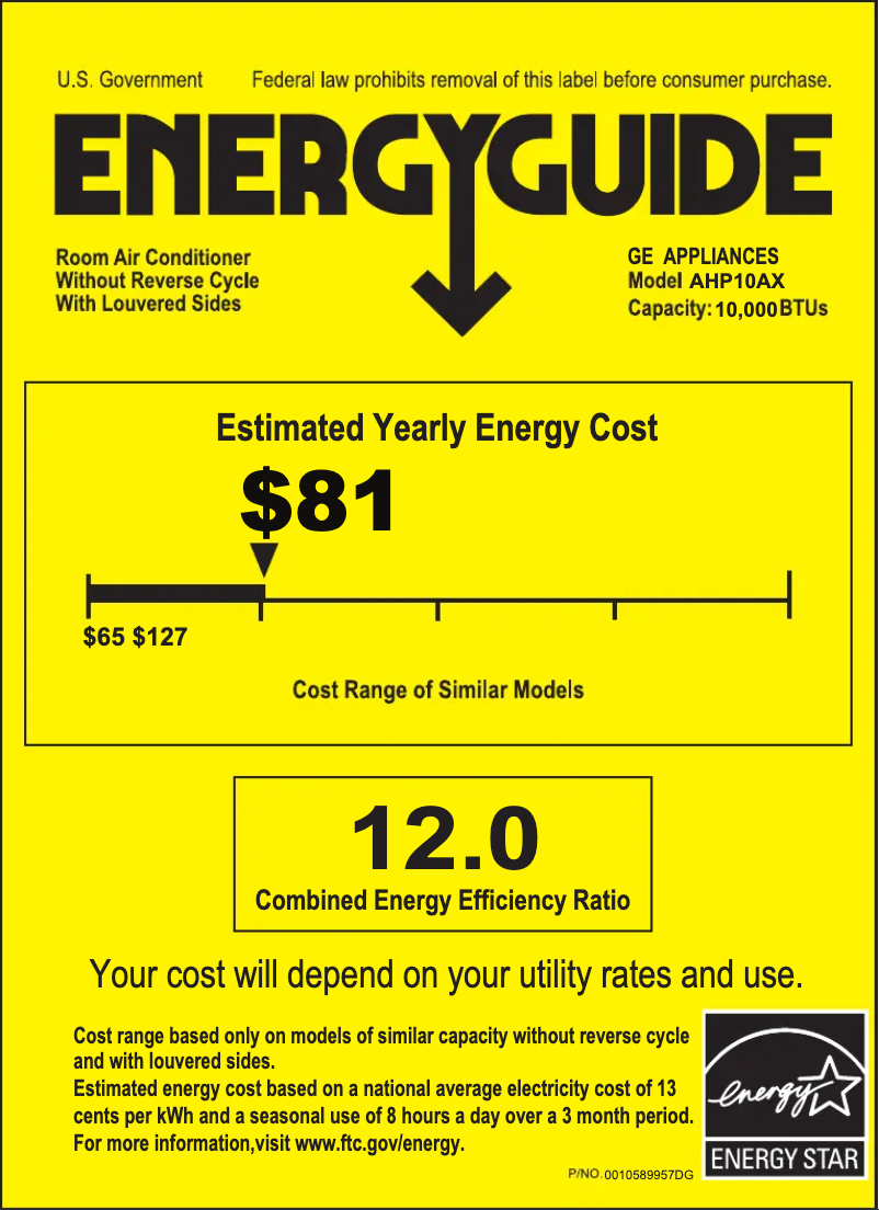 Page 1 de la notice Label énergétique GE AHP10AX