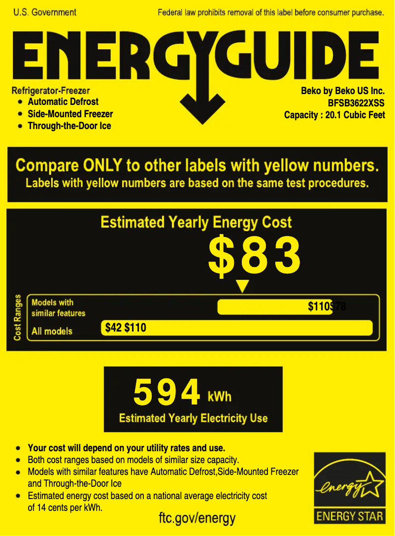 Page 1 de la notice Label énergétique Beko BFSB3622XSS