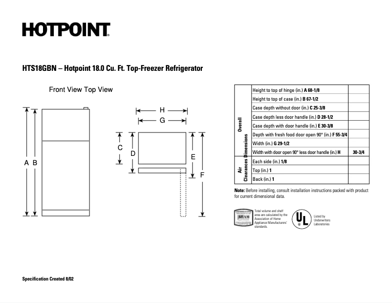 Page 1 de la notice Fiche technique Hotpoint HTS18GBNCC