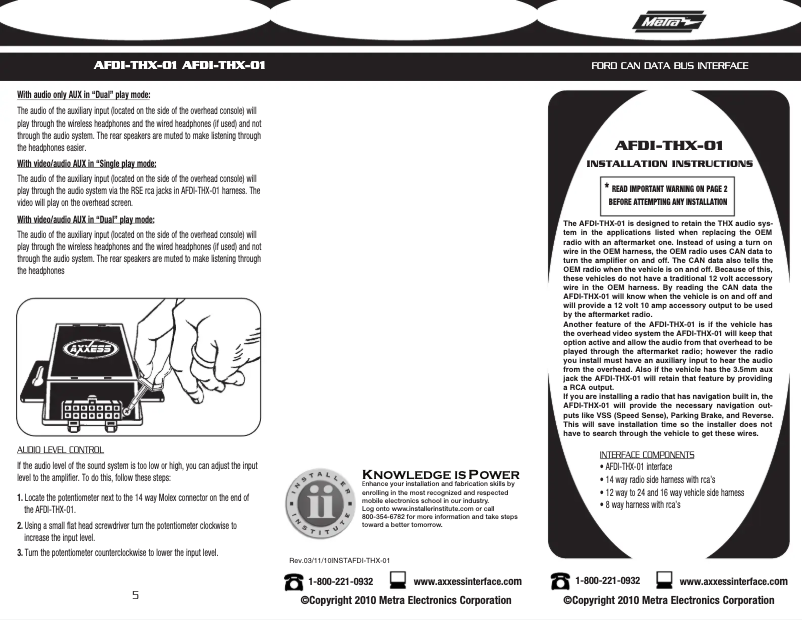 Page 1 de la notice Manuel utilisateur Metra AFDI-THX-01