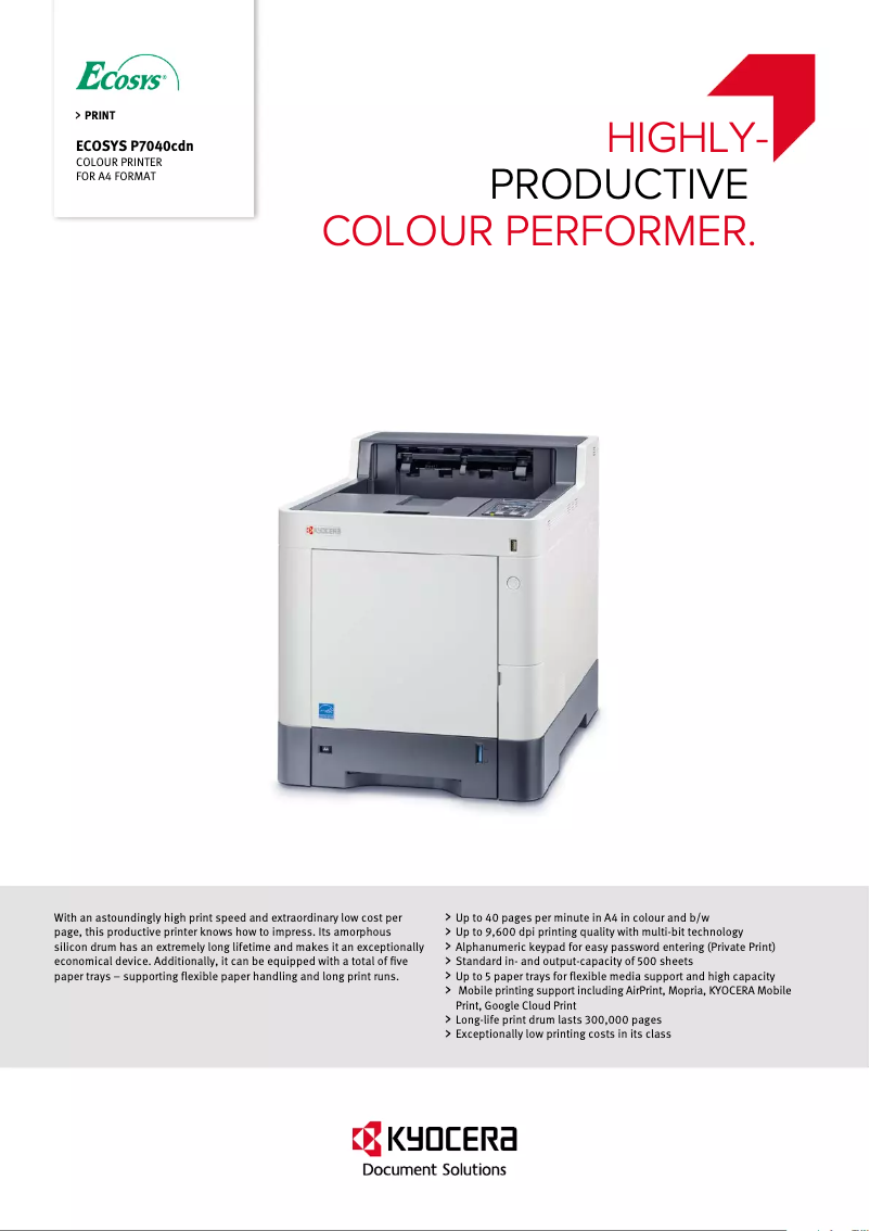 Page 1 de la notice Fiche technique Kyocera ECOSYS P7040cdn