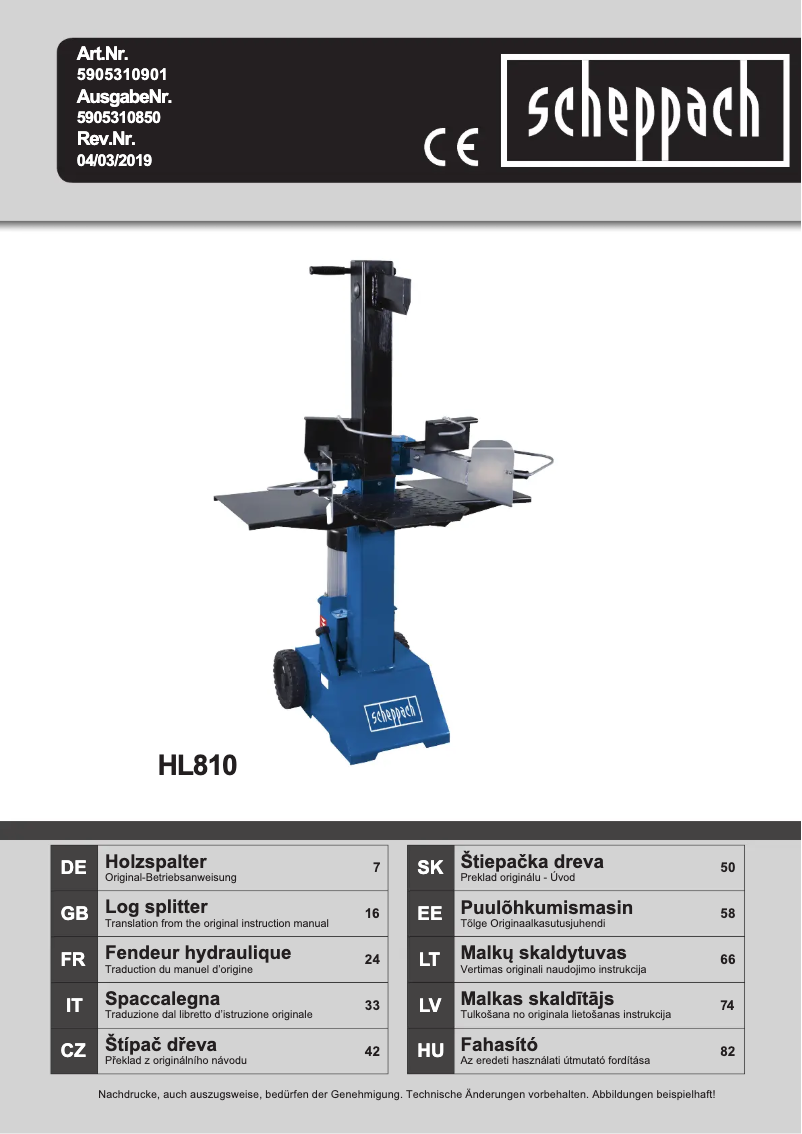 Page n°1 - Manuel utilisateur Scheppach HL810