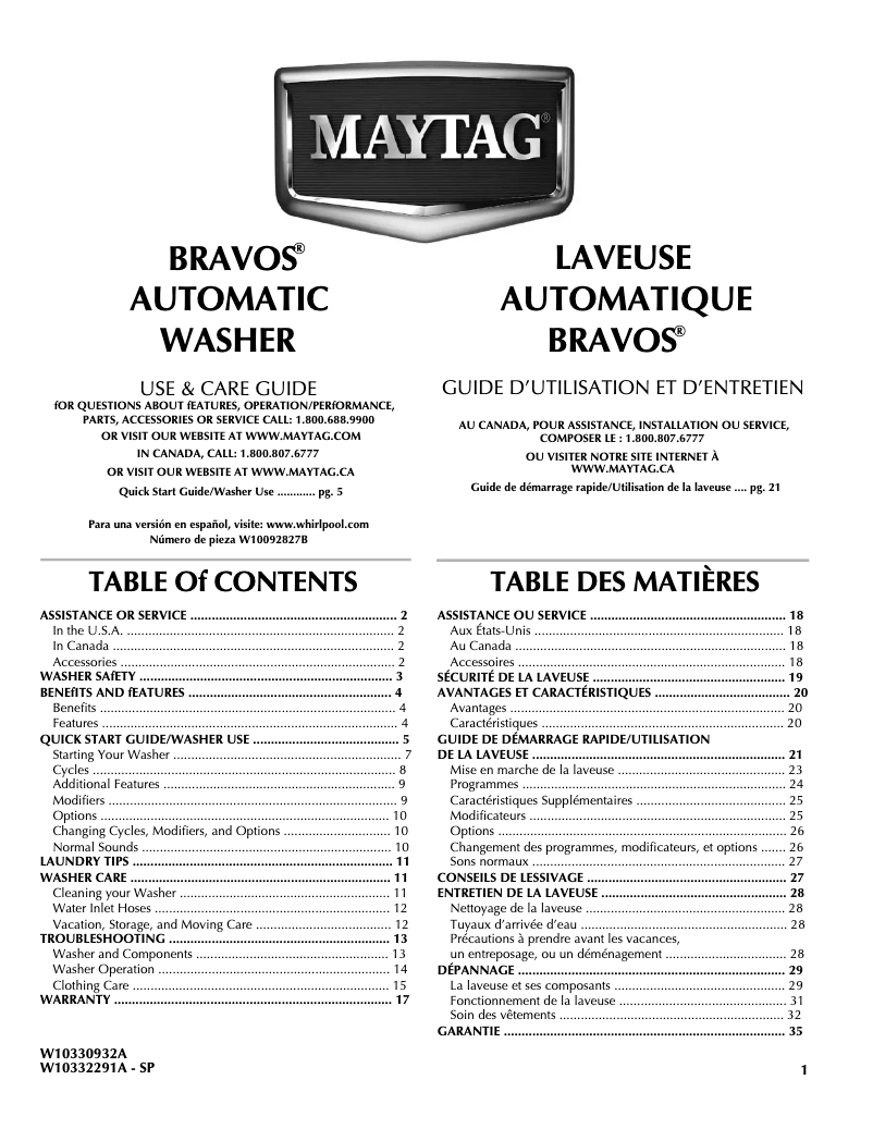 Page 1 de la notice Manuel utilisateur Maytag Bravos MVWB300WQ