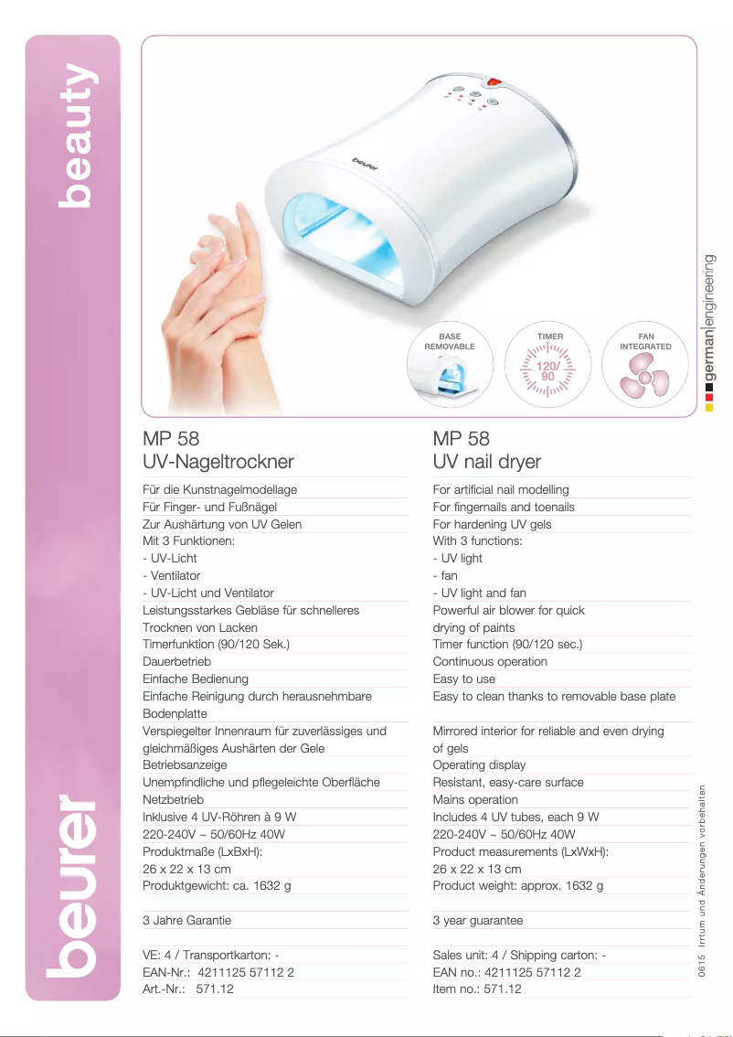 Page 1 de la notice Fiche technique Beurer MP 58