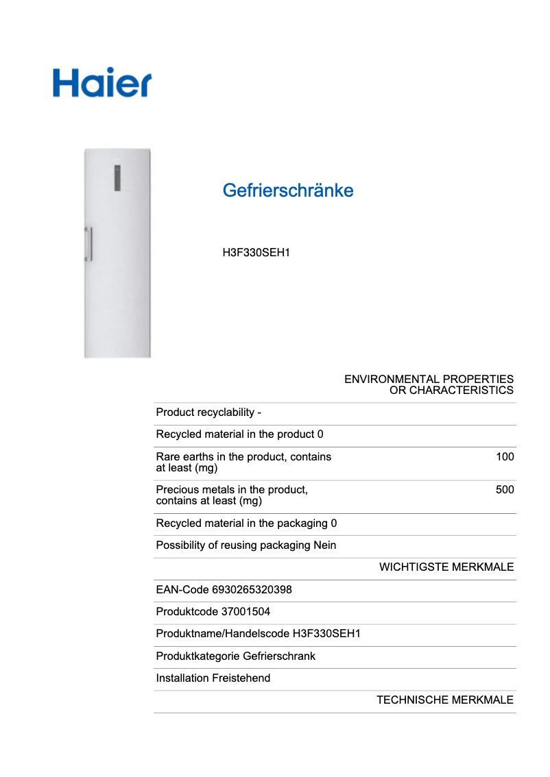 Page n°1 - Label énergétique Haier H3F330SEH1